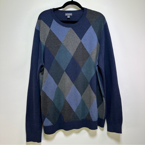 Van Heusen | Men’s Grey and Blue Argyle Long Sleeve Sweater | Checkered Crewneck - Picture 1 of 9